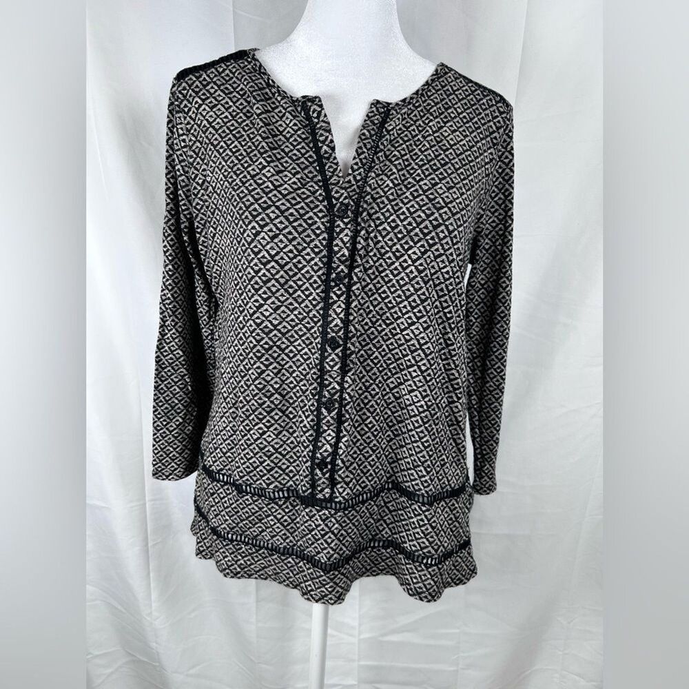 Lucky Brand Linen Blend Diamond Print Blouse Women’s Small Black Beige V-Neck